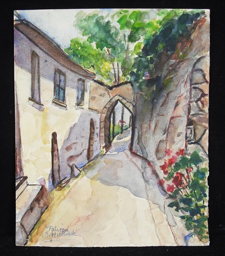 R Hickisch Watercolor Drawing C1960 Falicon Street Provence Nice Côte D'Azur