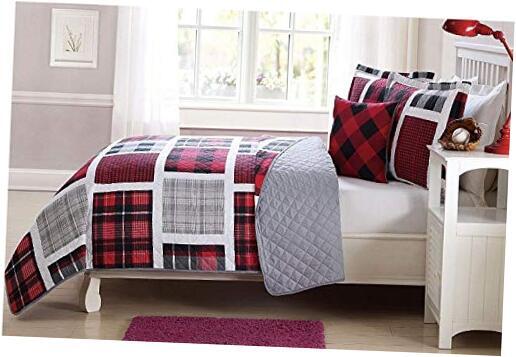 Elegant Home Multicolor Red Black White Grey Printed Plaid Patchwork Twin