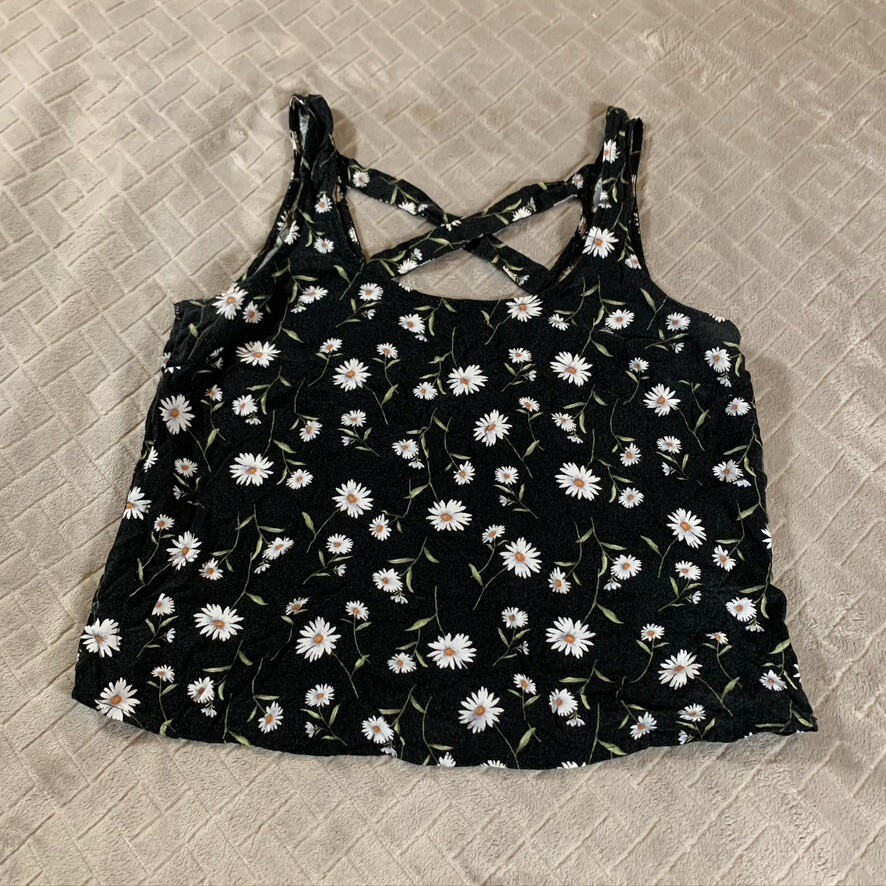 Forever 21 Womens Small Tank Top Blouse Cropped Black Daisy Ditsy