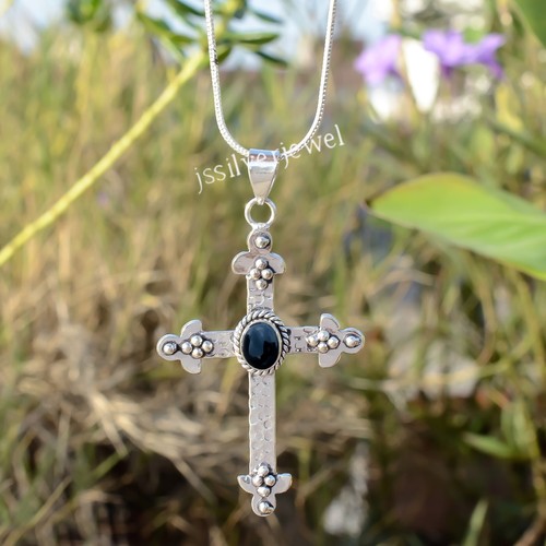 Magnifique Onyx Noir Pierre Précieuse 925 Argent Pendentif S-41