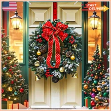 Natural Pinecone Christmas Wreath with Bells 71x35Inch Rustic Winter Door Cover