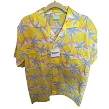 Vintage 1980's Tropicana Men Hawaiian Yellow Palm Tree Sunset Print Large L