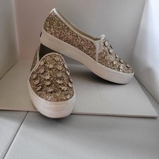 Keds x Kate Spade-Gold-White Flowers-Triple Decker Sneaker - Size 8 - Pre-Owned