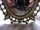 Vintage Small Oval Cast Metal Filigree Cream Finish Frame Stand Mirror 7" Tall — photo 3