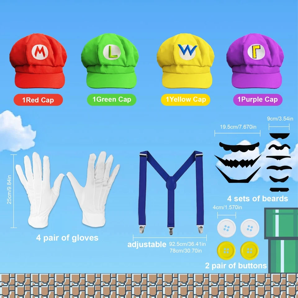 Juego de 4 disfraces de Halloween de Super Bros para adulto, gorras de Super Bros Mary Luigi,... Foto 2 de 4