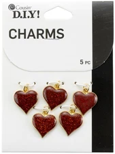 Cousin DIY Gold Metal Finish Heart Charm Set 5/Pkg-Red Glitter - 5A002GNH-1GJ5V