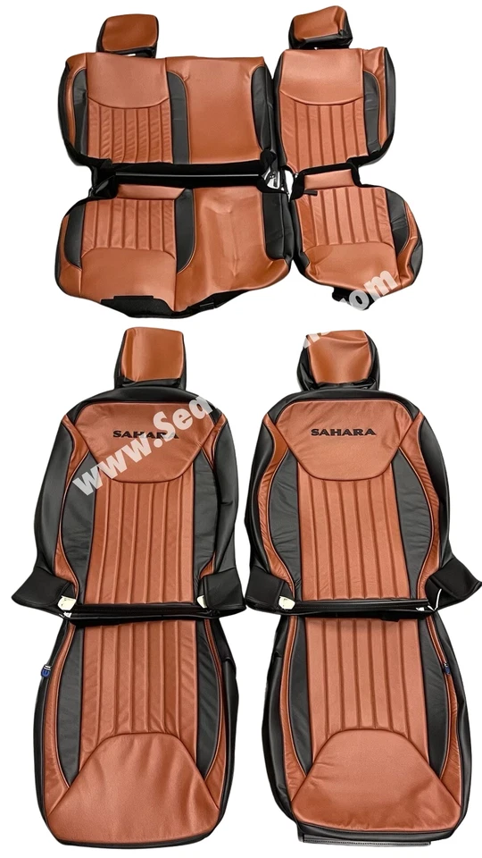 Fundas de asiento de cuero personalizadas negras y coñac para Jeep Wrangler Sahara 2013-18 logotipo Foto 2 de 4