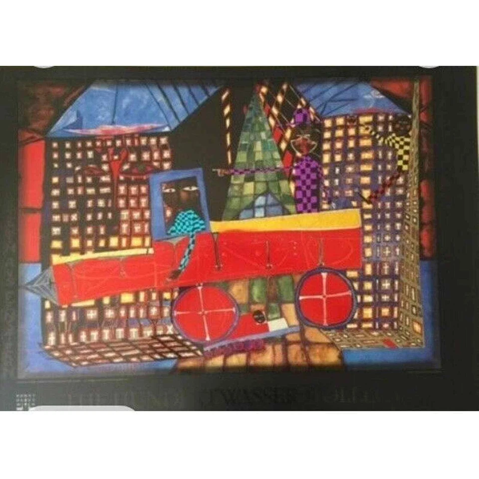 Hundertwasser Collection Bright Foil 70's Lithograph Man Driving Truck City Life - Image 2 of 2