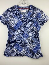 White Cross Womens S Mixed Print Scrub Top V Neck Short Sleeves Blue White Red