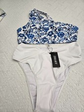 Floral Blue One-Shoulder Top  White Bikini bottom Set Large