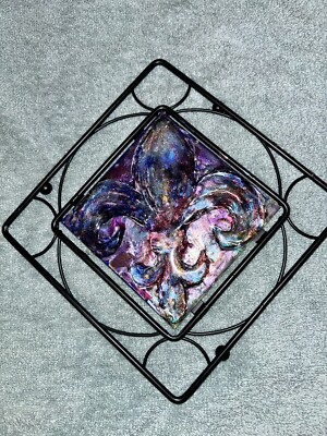 Hand painted Fleur De Lis Decorative Trivet Relief OOAK