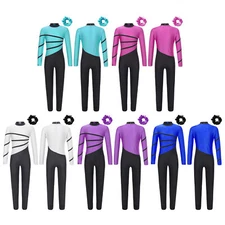 Kid Girls Bodysuit Figure Jumpsuit Stage Unitard Mock Neck Leotards Skating