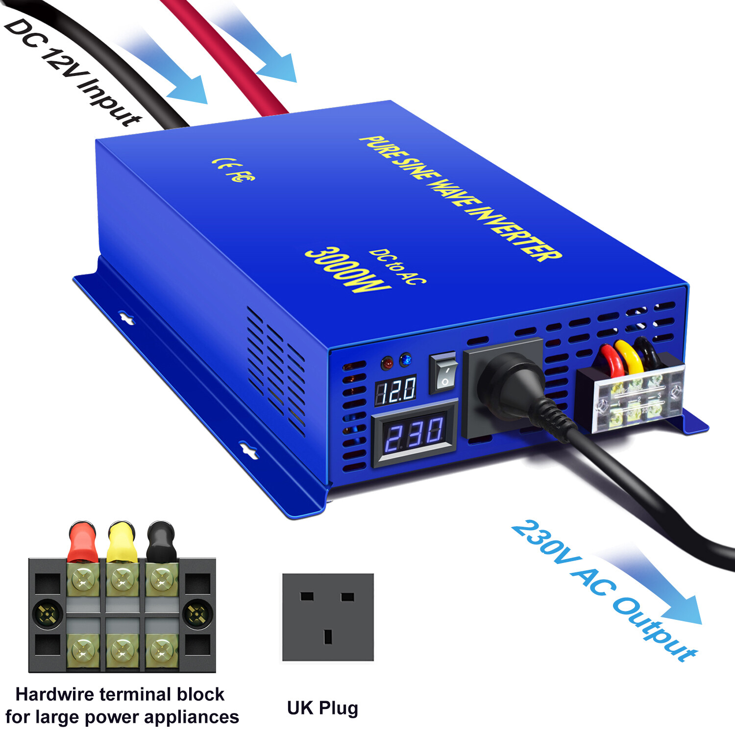 Off Grid 3000W Pure Sine Wave Inverter 12v dc to 230v ac Power Inverter