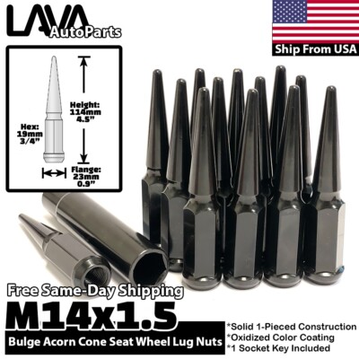 32x Black 14x1.5 Spike Lug Nut + Socket Fit Ford 1999-2023 F250 F350 Super Duty