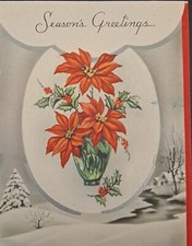 Christmas Card Vintage - Poinsettias Silver Foil Frame - Die Cut Winter Scene