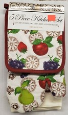 5pc KITCHEN SET: 2 POT HOLDERS, 2 TOWELS  1 OVEN MITT, FRUITS ON WHITE  1, BH