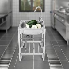 Utility Sink Free Standing Single Bowl Kitchen Bathroom Sink With Faucet & Stand