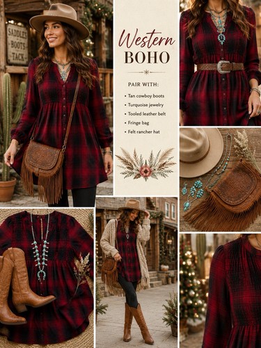 Knox Rose NWT Plaid Smocked Tunic Dress Red Black Long Sleeve Women’s Large - 第 2/10 張圖片
