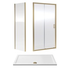 Nuie Rene Brushed Brass Sliding Door Shower Enclosure 6mm Glass with Tray Waste