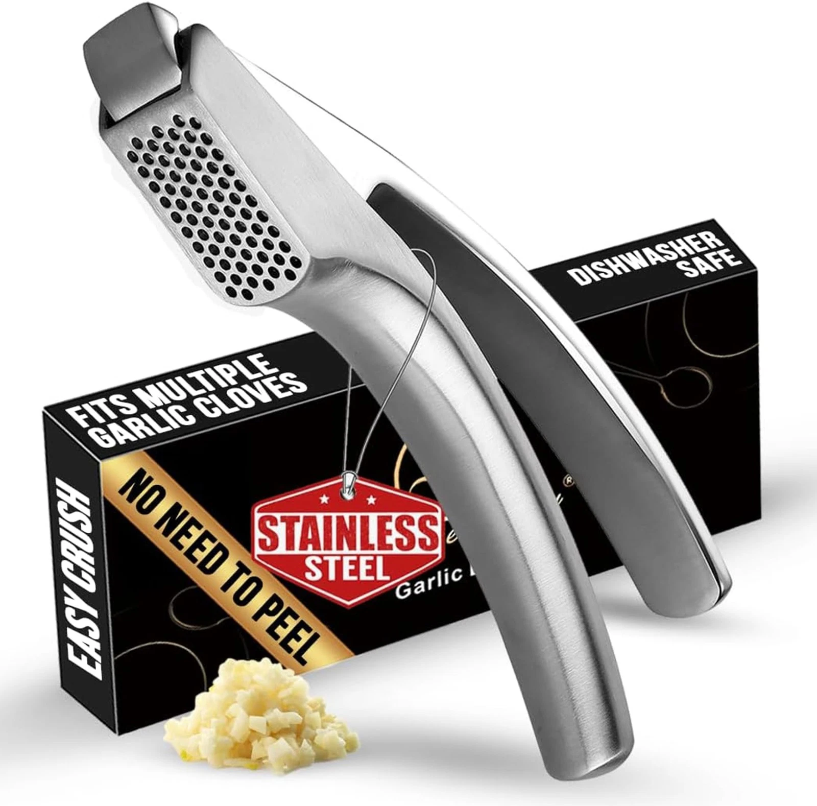 No Peeling Required Garlic Press Stainless Steel with Detachable Handle for F...