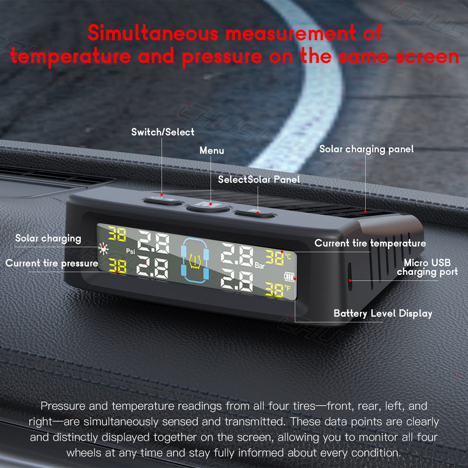 Wireless TPMS Car Tire Tyre Pressure Monitoring System With 4 Internal Sensors