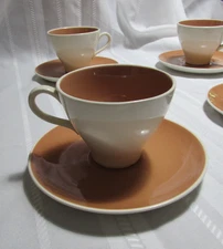 MCM Harkerware  Cock O'Morn Coral & White  4 Cup and Saucer Set Coffee Tea