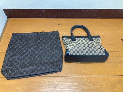 GUCCI GG Tote Hand Bag Ziplock Leather Canvas Brown Black Silver Hardware Japan