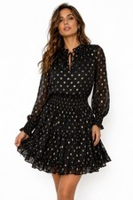 Aeom Black Sheer Polka Dot Ruffle Mini Dress Smocked Waist Tie Neck Boho Small