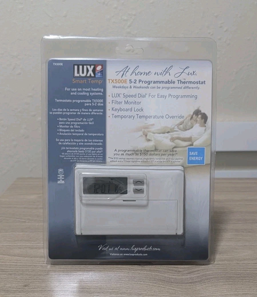 LUX Smart Temp TX-500E 5-2 Programmable Thermostat Digital White Wall Mount