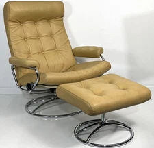 Vintage Mid Century Ekornes Stressless Flax Yellow Leather Recliner Chair Otto