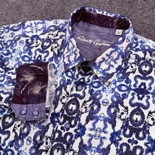 Robert Graham L/S Floral Dragon Button Shirt Men  s Size 2XL Flip Cuff White Blue