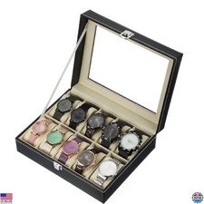 uxcell Boîte de Rangement pour Montre en Bois 10 Fentes pour Homme - Noir/Beige avec Dessus en Verre
