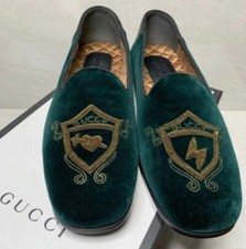 GUCCI GREEN EMBROIDERED VELVET LOAFERS - MEN'S SIZE 10.5