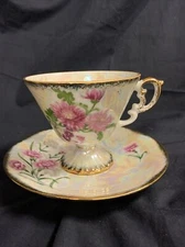 November Chrysanthemum Vintage Teacup and Saucer Iridescent Footed Cup