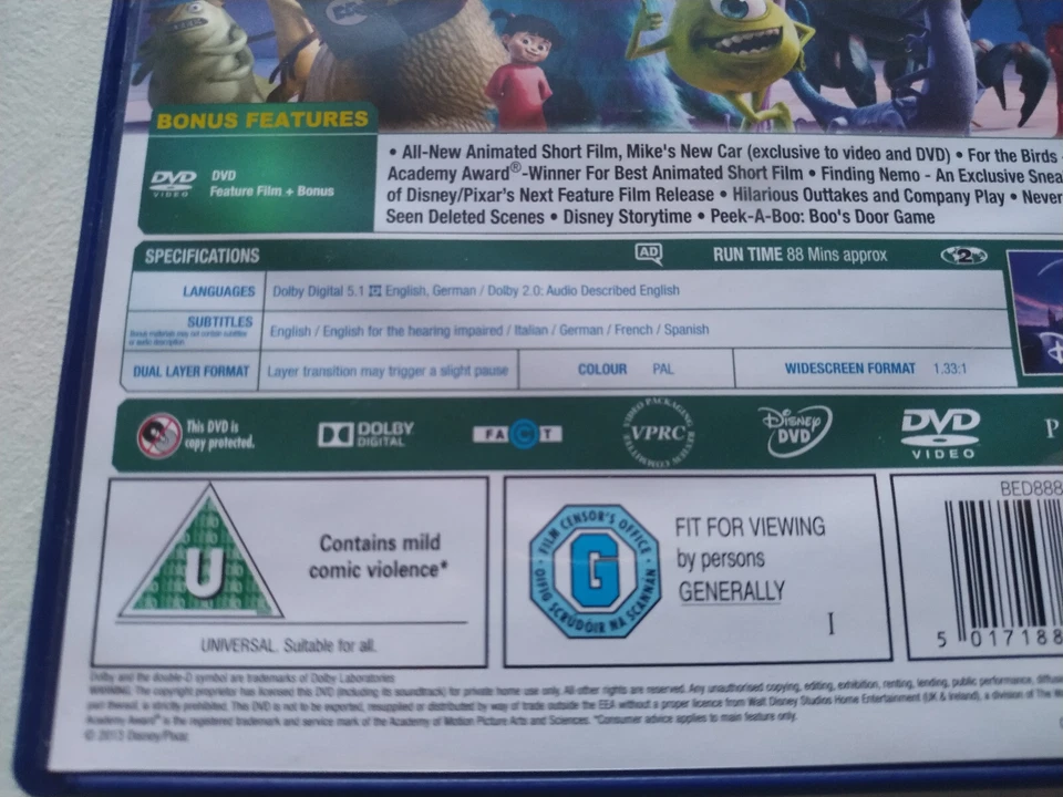 Monsters, Inc. Disney Pixar - DVD German English French Reg 2 AM - Image 3 of 4