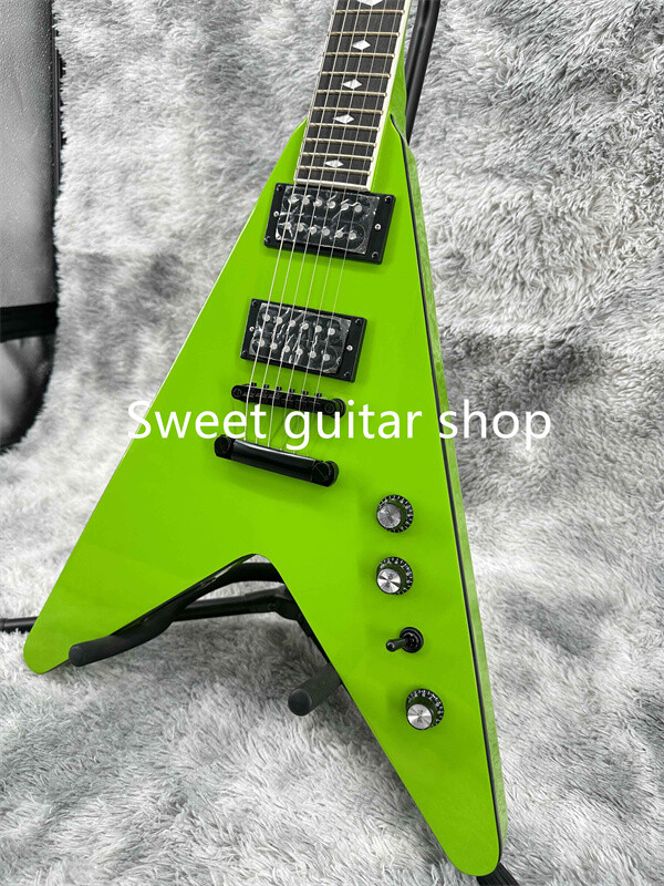Green Flying V Electric Guitar HH Open Pickup Black Part Fixed Bridge