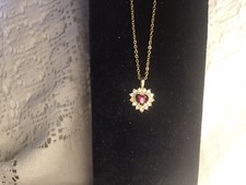 Womens Gold Tone Classic Red Rhinestone Heart Shaped Pendant Necklace 18  