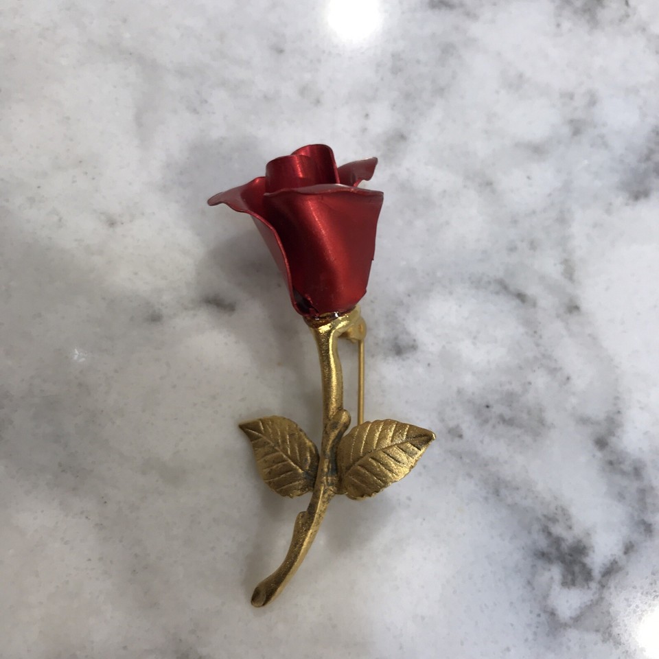 3 Rose Bud Flower Brooch Pins Gold Tone Signed Giovanni, Avon, Unsigned