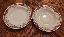 HOMER LAUGHLIN SET OF 2 BRITANNY SOUP BOWLS RED EDGE/FLORAL RIM HLC1520.  1939