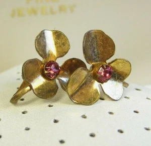 Vintage Starling Silver Red Rhinestone Flower Trillium Screw Back Earrings