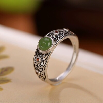 K02 Ring grüne Jade Schlaufen Muster Sterling Silber 925 größenverstellbar