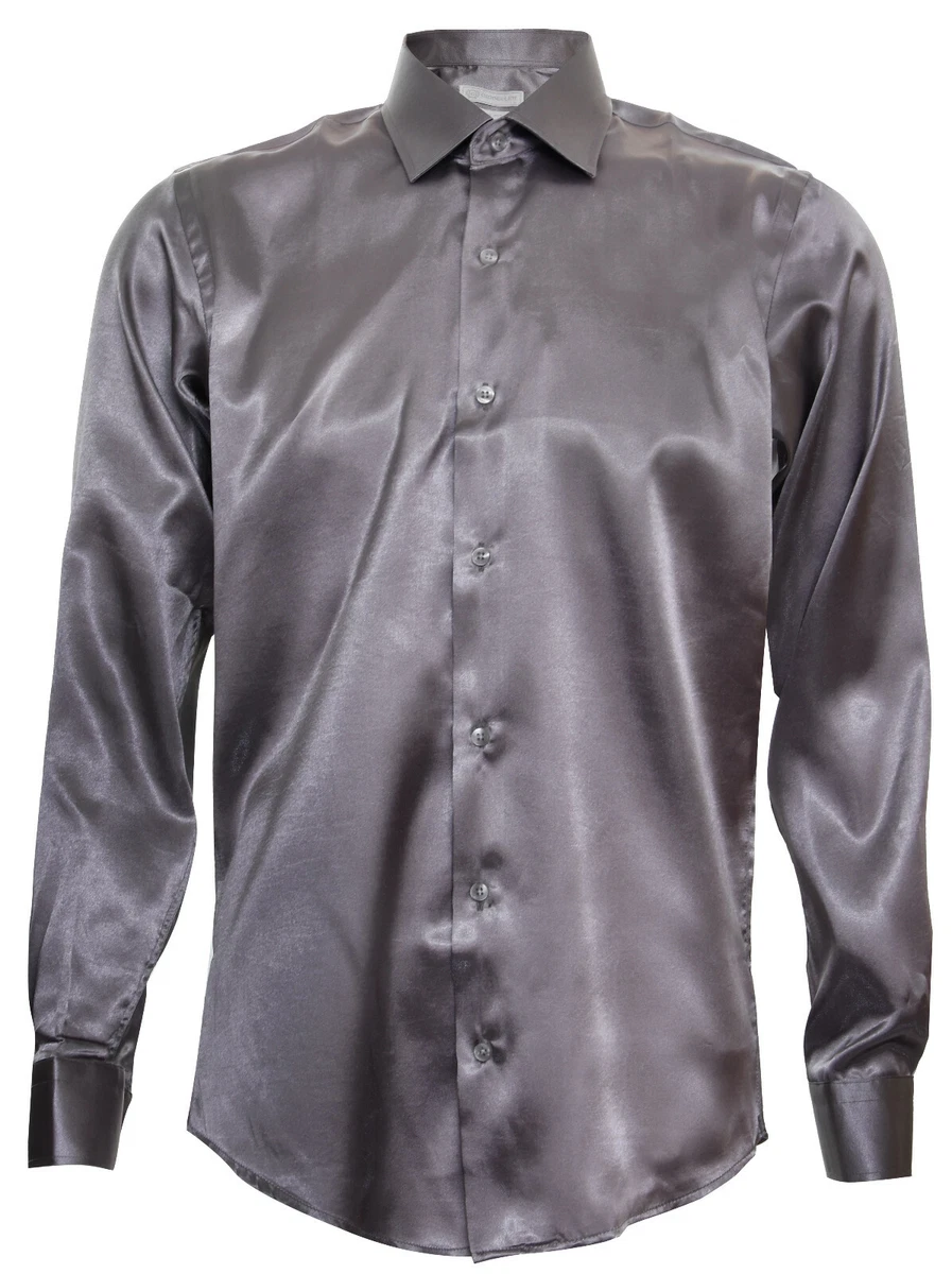 Mens Silver Satin Silk Shirt Smart Down Cuff Tailored Fit