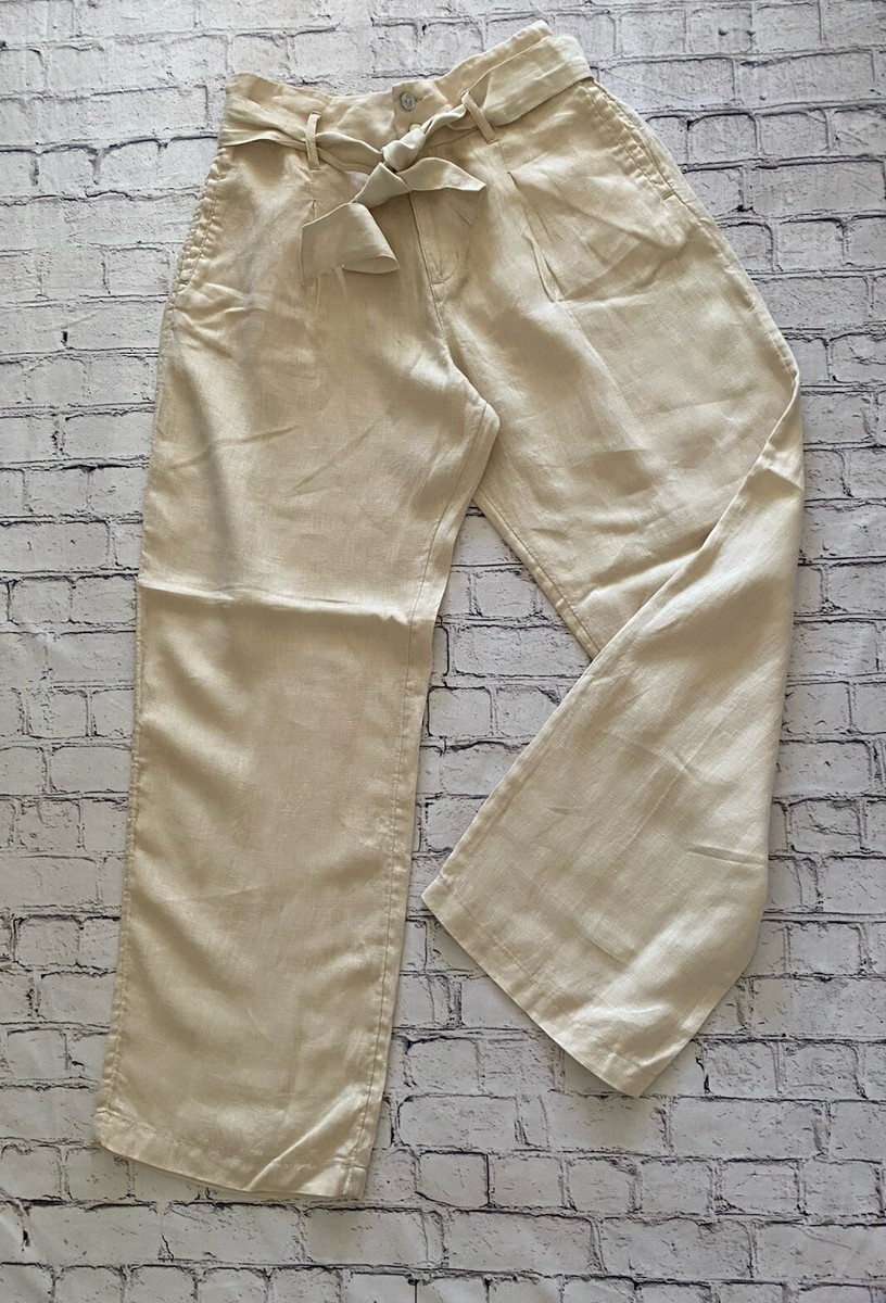 【HI FI FNK】 Belted Linen Pants H By Halston Beige 100% Linen Wide Leg Bow Belted Pants Size