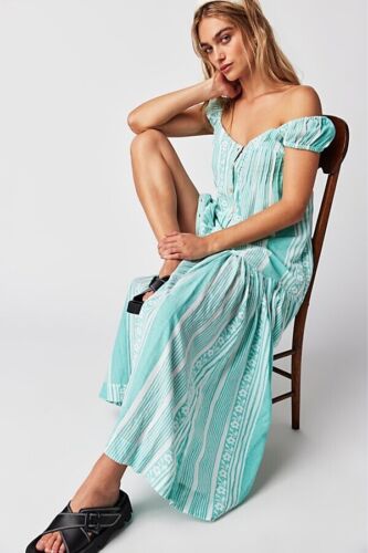 Free People Mabel Maxi Dress - Mint & White Stripe - Size Medium - RRP £158 BNWT - Picture 1 of 13