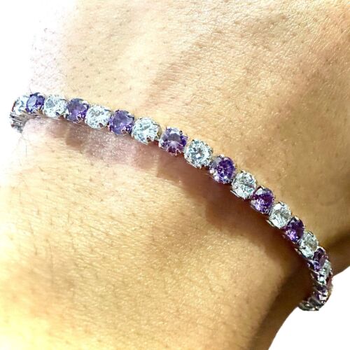 Amethyst 18 Karat weiß vergoldet Tennisarmband im Labor erstellt 7,5 Zoll 3 mm Damen - Bild 1 von 6