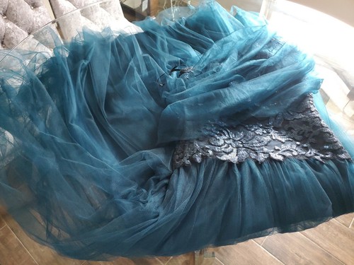Maxi abito Tadashi Shoji Runway monospalla tulle pizzo SMERALDO $990 US2 S - Foto 8 di 12