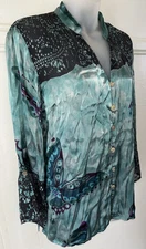 Citron Santa Monica Satin Silk Rayon Teal Black Butterfly 🦋 Flowy Blouse Medium