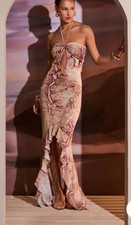 MURCI Mesh Halterneck Cut Out High Low Maxi Dress In Snake Print Sexy Club Sz 4