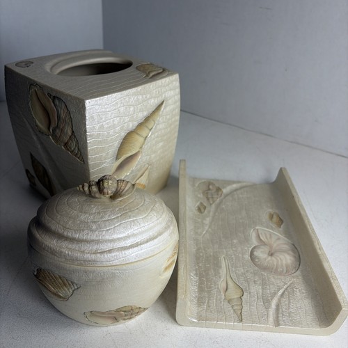 Croscill Bathroom Accessories Set Seashells Tissue Box Storage Jar Towel Holder