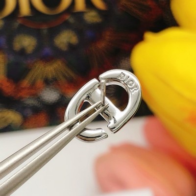 Dior Silver-Tone Logo Stud Earrings for Lobe, Metal, No Stone, Display Card
